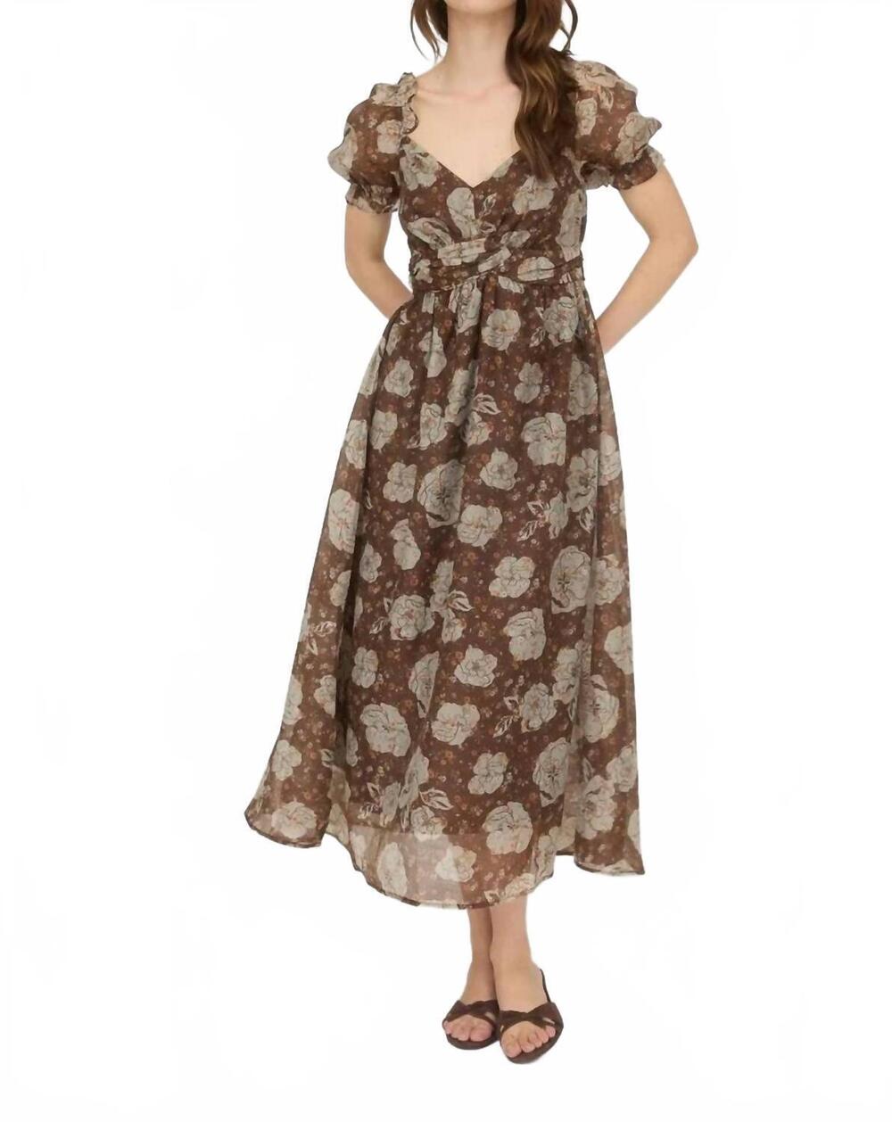 NEW BLU PEPPER floral sweetheart back tie midi dress in brown multi